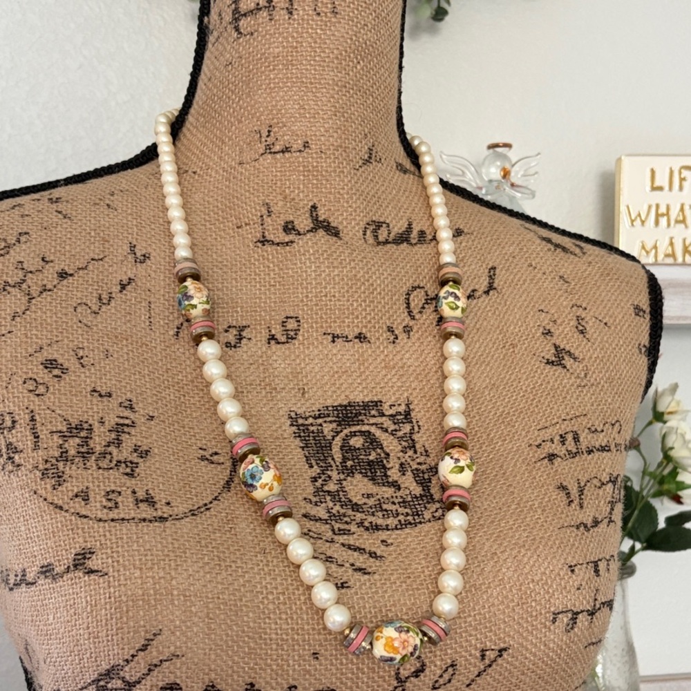 Vintage Signed Japan Pearl and Bead Necklace Floral